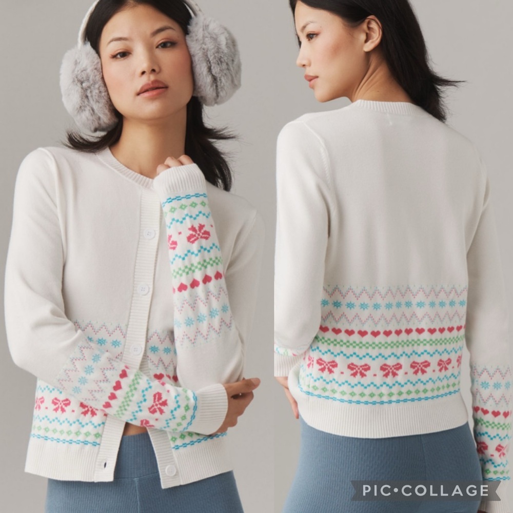 NWT : Anthropologie x Beach Riot Fair Isle Cardigan  Ally Bow Knit Sweater Large